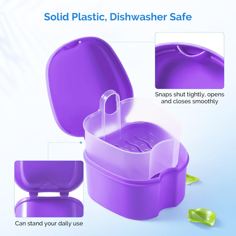 [Australia] - JMU Denture Bath Case, Denture Cup for Soaking Dentures with Strainer Basket Tray for Dentures, Mouth Guard Storage Case, Purple 
