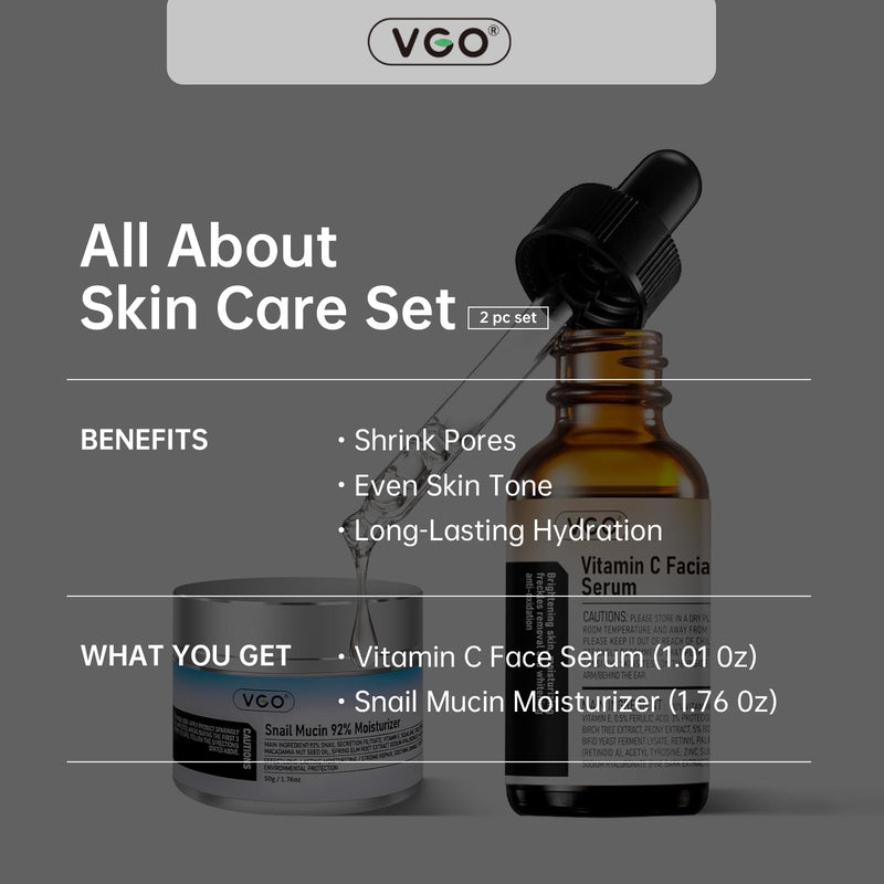 [Australia] - VGO Skin Care Set, with Snail Mucin 92% Moisturizer 1.76 Oz & Vitamin C Face Serum 1.01 Oz, Daily Hydrating & Firming Skincare Routine Kit for All Skin Type 2.77 Ounce 