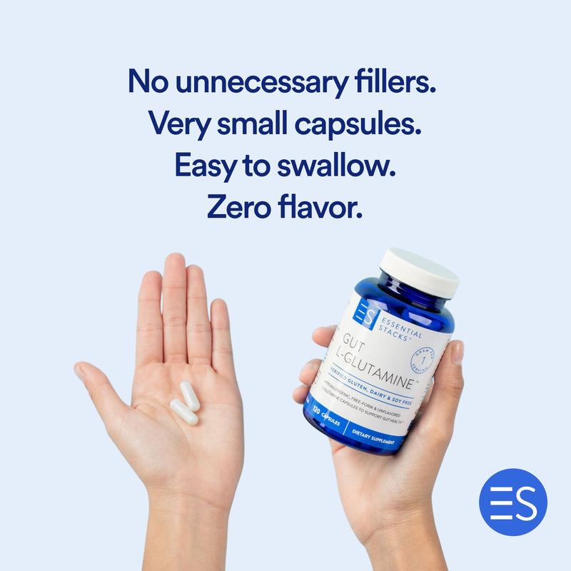 [Australia] - Essential Stacks Gut L-Glutamine Capsules 1000mg (Made in USA) - Gluten, Dairy & Soy Free, Non-GMO L Glutamine for Gut Health - 60 Serves (120 Caps) 