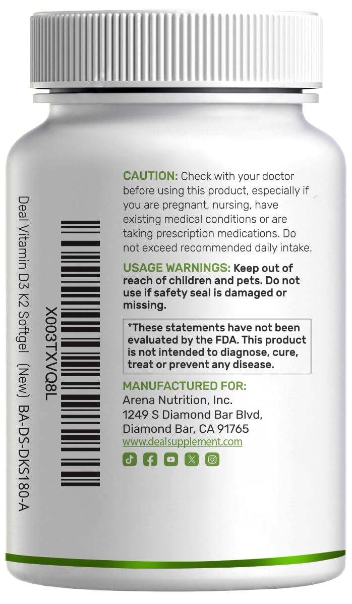 DEAL SUPPLEMENT Vitamin D3 5,000 IU + K2 MK7 Softgels, 250 Count | 2-in-1 Complex | Easy to Swallow 250 Count (Pack of 1)