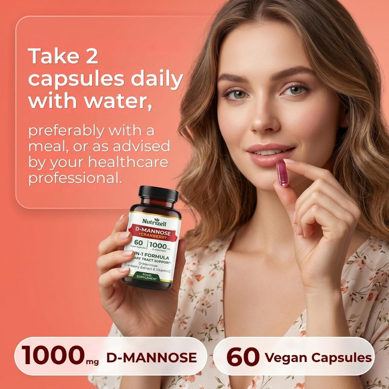D-Mannose Cranberry 1000mg – 60 Vegan Capsules | 3-in-1 Formula with Vitamin C | Urinary Tract Support Supplement for Women & Men