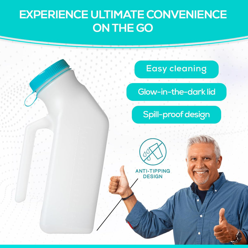 [Australia] - MedVance- Urinals for Men 1000ml with Glow in The Dark Spill Proof Pop Cap Lid, Plastic Pee Bottles for Men, Male Urinals, Pee Container Men, Portable Urinal for Car, Elderly & Incontinence (1 Pack) 