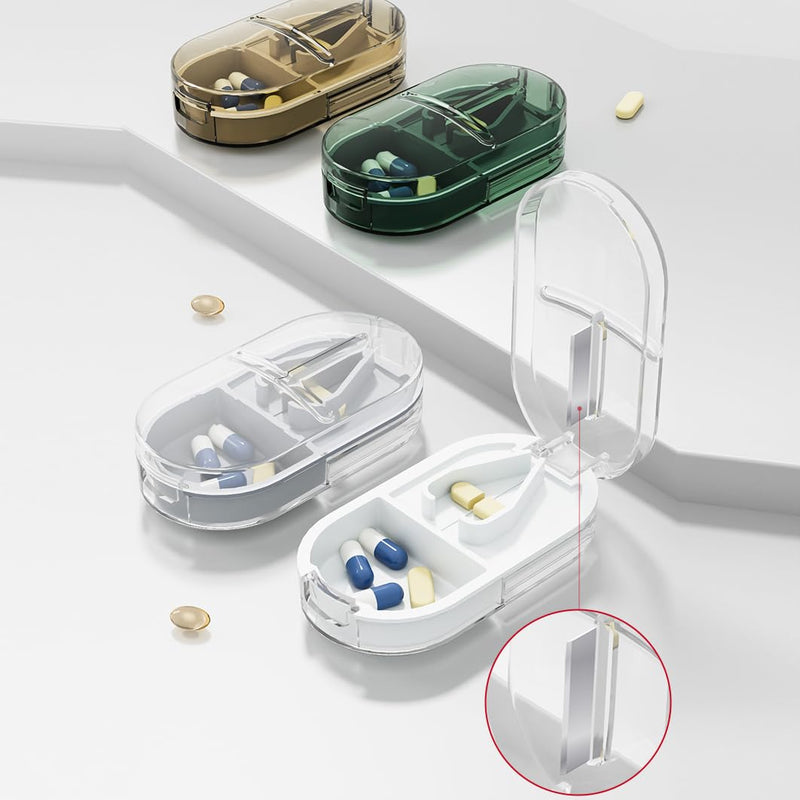 Travel Pill Organizer, 2-in-1 Small Portable Tablet Splitter Box | Tablet Cutter Pill Case for Cut Pills, Medication, Vitamin, Fish Oil, Supplement, Capsule Sorter, Transparent Brown Container