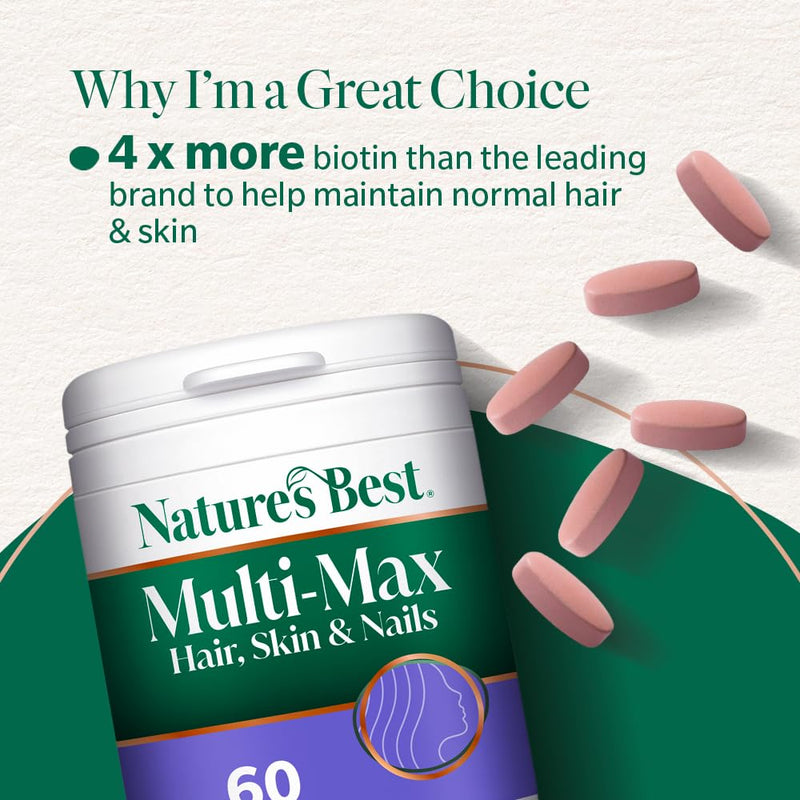 Nature's Best Multi-Max Multivitamin for Hair, Skin & Nails - with Biotin, Selenium & Zinc - Triple Action Support - UK Made - 60 Tablets (2 Months' Supply) 60 count (Pack of 1)