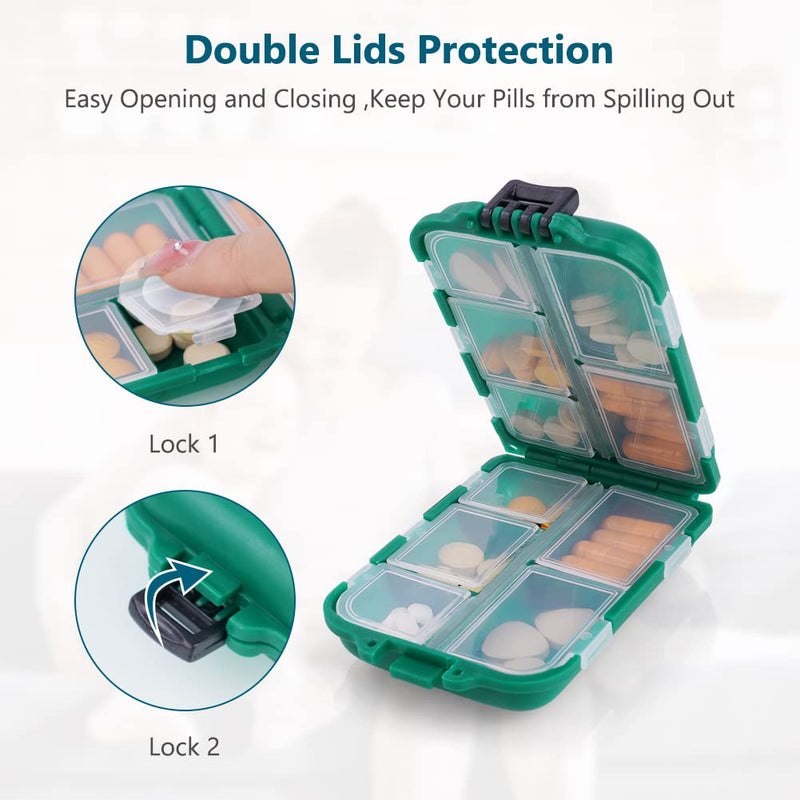 AOOWU Travel Pill Organizer, 10 Compartments Small Pill Case, Portable Daily Medicine Storage Box, Medication Travel Case for Pocket Purse, Pillbox for Vitamin Fish Oil Supplement, Medicine Container Green