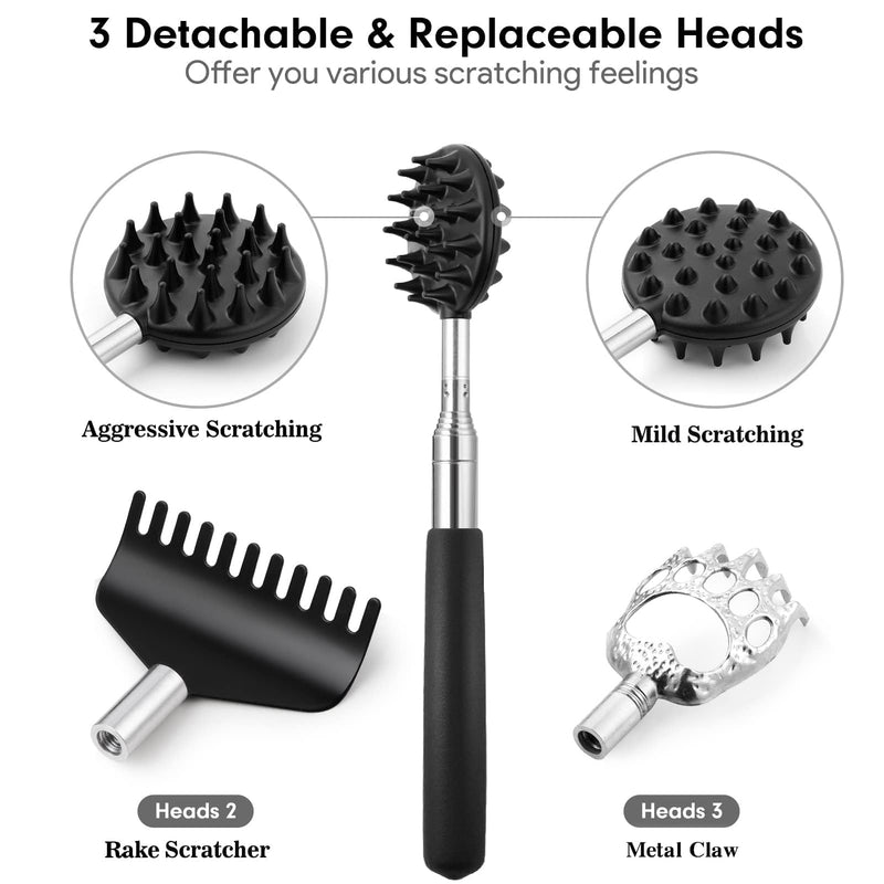 [Australia] - TUKUOS Telescoping Back Scratcher with 3Pcs Detachable Scratching Heads, Back Scratcher for Men/Women,Dual Sides Scratcher/Metal Paw/Rake Scratcher Fathers Day Dad Gifts for Men Husband Black 