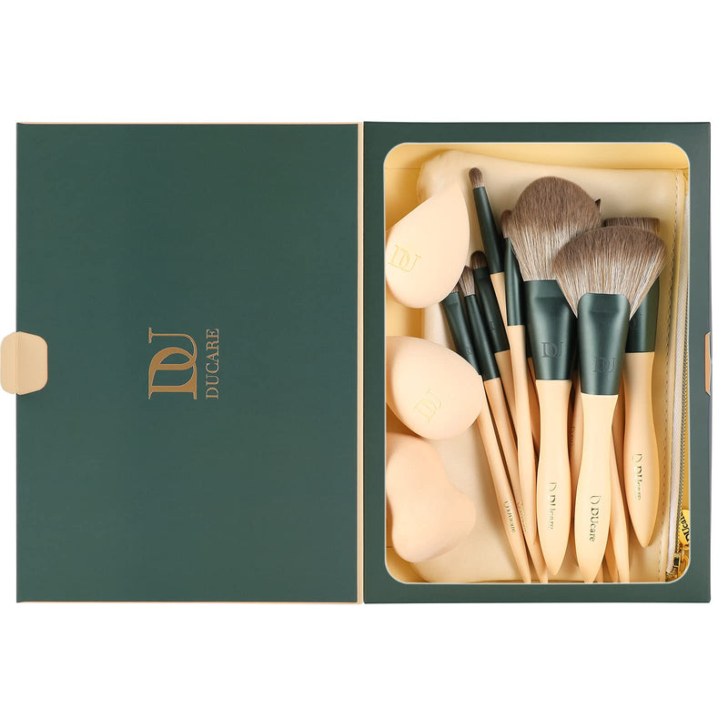 DUcare Makeup Brushes 14Pcs with 3Pcs Makeup Spong & Cosmetic Bag &Oil Blotting Sheets for Face