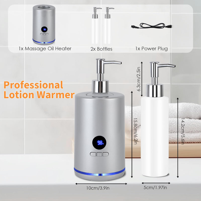 [Australia] - Massage Oil Warmer with 2 Bottles, Professional Electric Lotion Warmer Bottle, Digital Display, Rapid Heating, Automatic Massage Oil Heater for Salon Spa Massage (Silver) Silver 