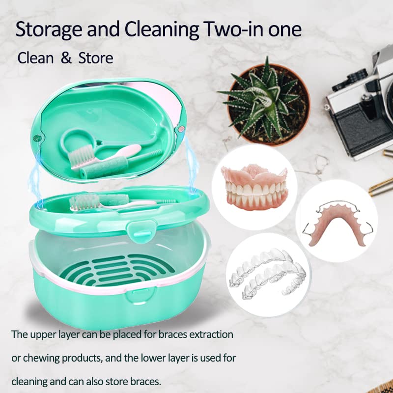 [Australia] - Denture Case, Double Denture Slot Cup Case Wet & Dry Portable Denture Case Portable False Teeth Container, Denture Cup with Lid for Cleaning Household Office Travel (Green) Green 