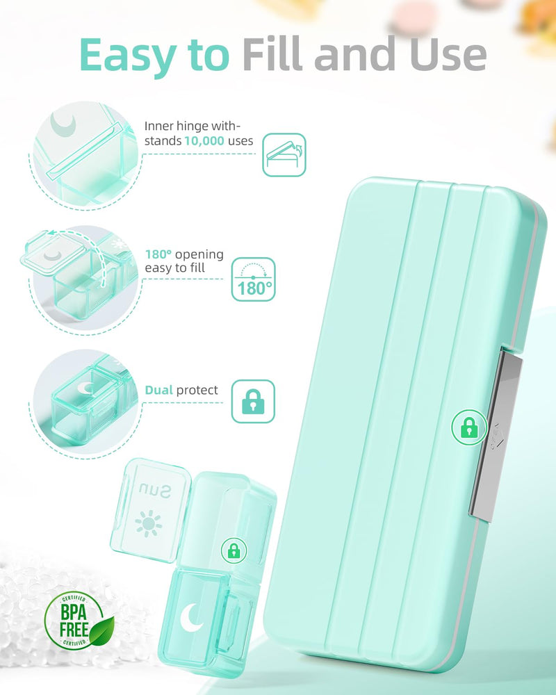 Betife AM PM Pill Organizer 7 Day, Weekly Pill Organizer Box 2 Times a Day | Portable Travel Pill Organizer, Cute, Easy Open, Airtight, Fashion, Dust-Proof, Reusable, Sturdy for Medication, Vitamin Green