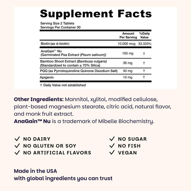 EZ Melts Hair Health Complete - Hair Supplement to Support Strength & Growth - Includes AnaGain Nu, Biotin, Apigenin, Bambo Silica & More - 60 Sublingual Tablets (30 Servings) 60 Count (Pack of 1)