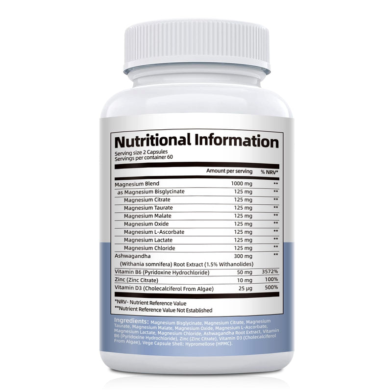 Magnesium Complex 8-in-1, Magnesium Glycinate Supplements with Bisglycinate, Citrate, Taurate 1000mg, Added Zinc B6 D3 for Energy, Muscle, Sleep & Nerve Function - High Absorption 120 Vegan Capsules