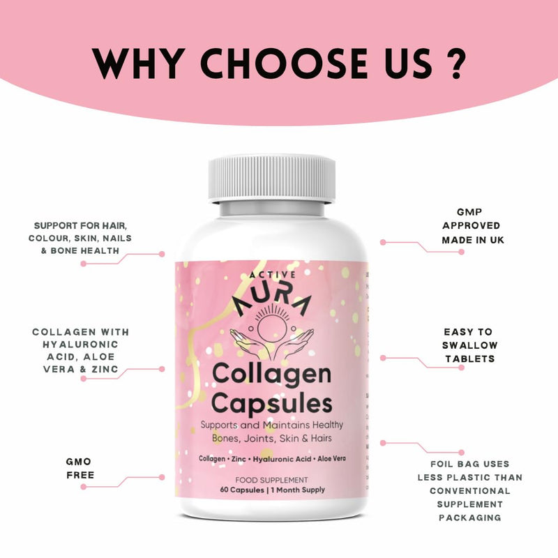 Active Aura | Collagen Capsules 1200mg – Daily Beauty & Wellness Support | Natural Bovine Collagen Blend with Hyaluronic Acid, Aloe Vera & Zinc | Once-a-Day Formula | 30-Day Supply
