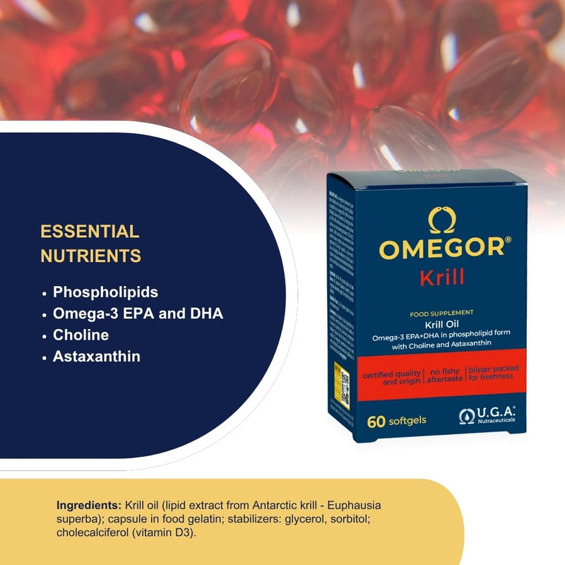 OMEGOR Krill Oil Capsules Omega 3 - Antartic Krill Oil with EPA, DHA, Astaxanthin, Choline, Phospholipids - High Bioavailability and No Aftertaste (60 Softgel Caps) Krill+D3