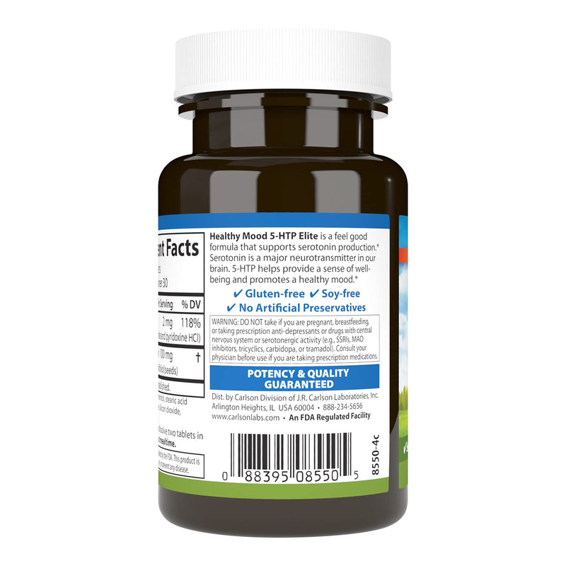 Carlson Healthy Mood 5-HTP Elite 100 mg with Vitamin B6 - Mood Support & Relaxation Supplement - Raspberry Chewable - 60 Tablets (Pack of 2) 60 Count (Pack of 2)