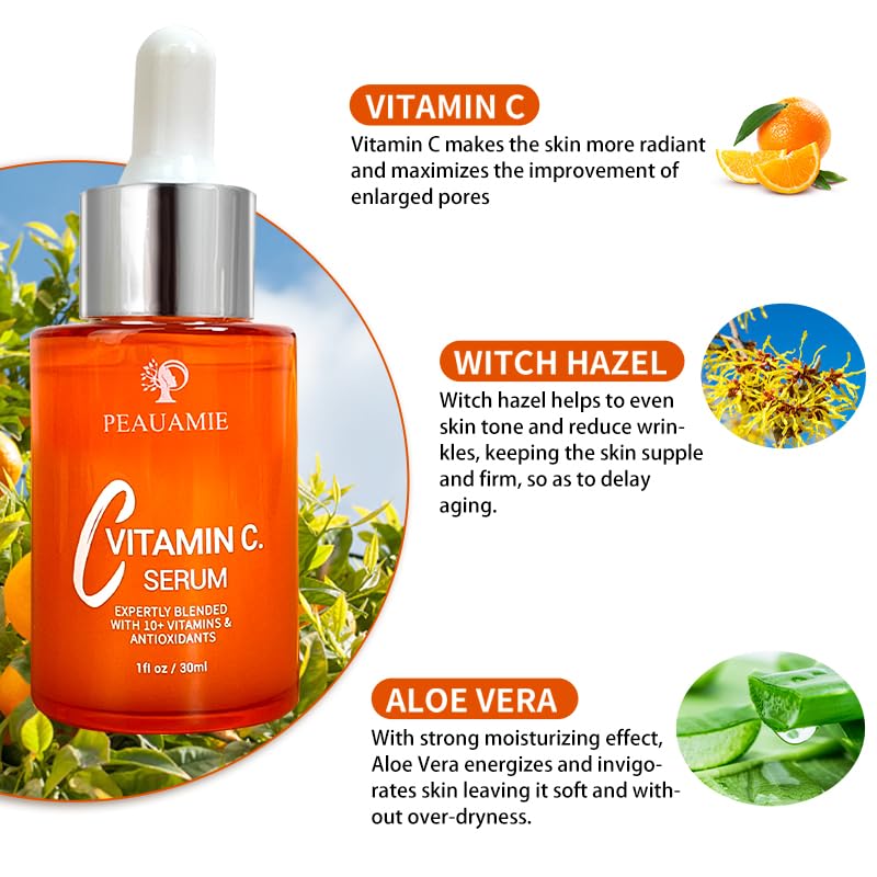 Peauamie Vitamin C Serum for Face Anti Aging with 2% Hyaluronic Acid and 1% Retinol Ferulic Acid,Moisturizer for Fine Lines and Wrinkles 1 Fl Oz x 2 Pack 1 Fl Oz (Pack of 2)