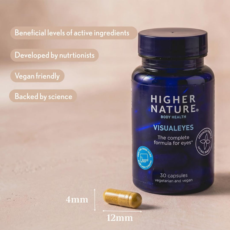 Higher Nature - VisualEyes - Supports Vision - Lutein, Zeaxanthin, Bilberry & Essential Vitamins - 10 Active Ingredients - Vegan - 30 Capsules Unflavoured 30 count (Pack of 1)