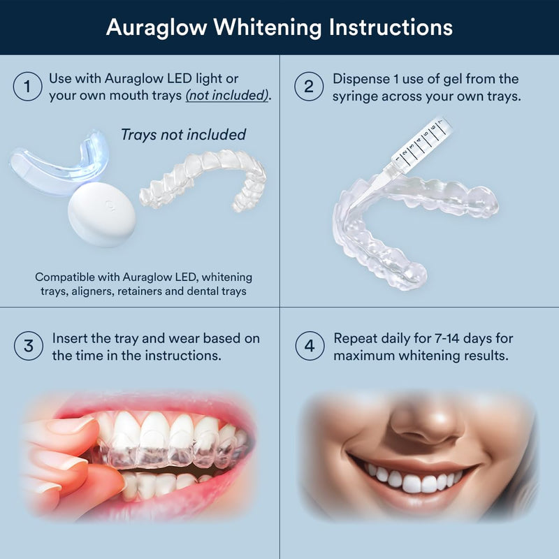 Auraglow Teeth Whitening Kit with LED Light & Extra Strength 44% Carbamide Peroxide Teeth Whitening Gel Refill, 30+ Treatments, Whiten Up to 10 Shades