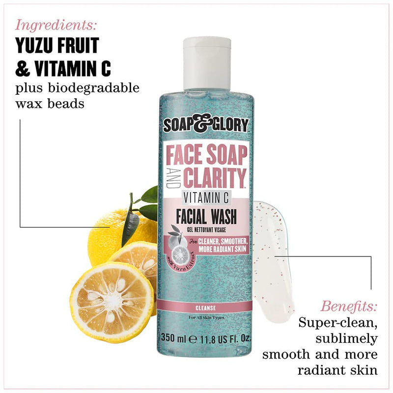 Soap & Glory Face Soap & Clarity, 3-in-1 Cleansing Gel, 11.8 oz | Multi-Use Vitamin C Facial Wash, Makeup Remover & Gentle Exfoliator, Purifies, Brightens & Hydrates Dull Skin, Sulfate-Free 11.8 Fl Oz (Pack of 1)