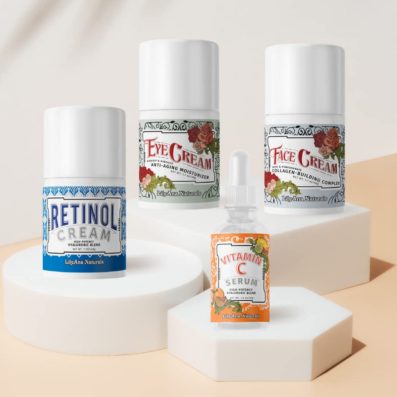 LilyAna Naturals Skincare Gift Set - Retinol Cream, Vitamin C Serum, Eye Cream and Face Cream Moisturizer - Anti Aging Skin Care Sets for Women | Includes Retinol Cream, Vitamin C Serum, Eye Cream and Face Moisturizer for women.