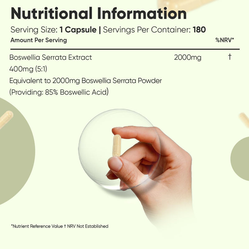 Boswellia Serrata Extract | 85% Boswellic Acid | 180 Capsules | 6 Months Supply | 2000mg per Capsule | 5:1 Extract | Indian Frankincense Resin | Magnesium Stearate-Free & Vegan | 1 a Day | Made in EU