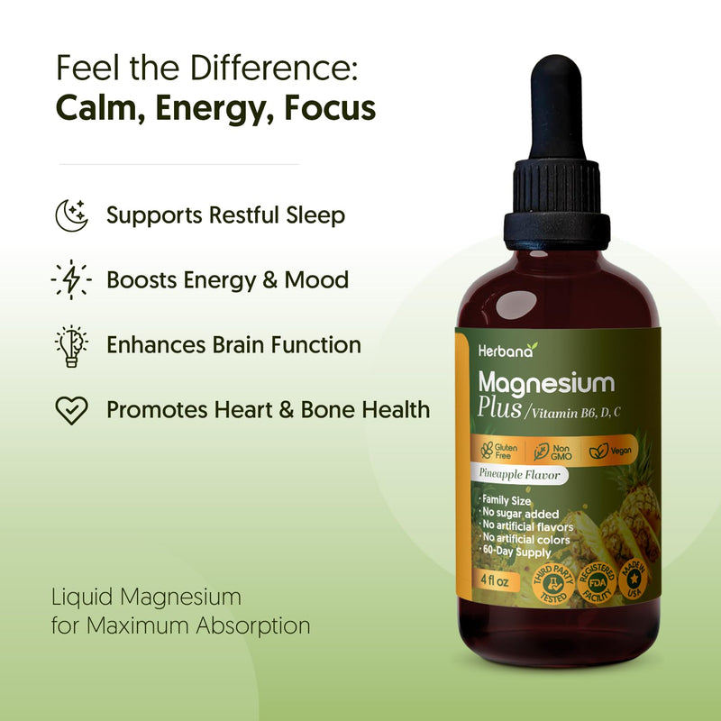 Herbana Manufacturing Magnesium Plus Pineapple Flavor - Magnesium Citrate, Glycinate, L-Threonate & Vitamin B6, D, C - Liquid Drops Supplement 4 fl oz - Advanced Complex - 60-Day Supply