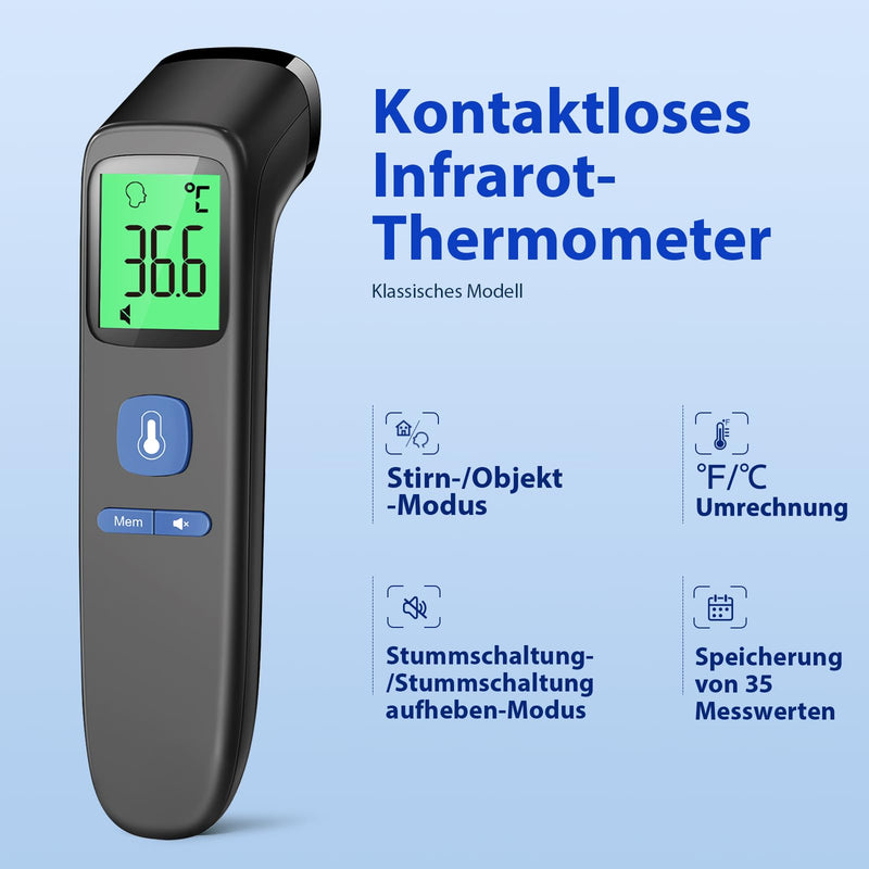 [Australia] - Fever Thermometer for Babies, Children and Adults, Contactless Forehead Thermometer, Digital Infrared Thermometer with Instant Accurate Readings, Fever Alarm and 35 Memory Recall - LCD Black LCD Black 