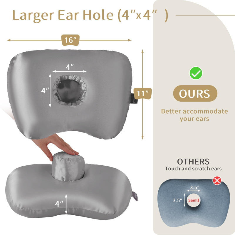 [Australia] - Piercing Pillow - Ear Piercing Pillow With Foam Plug, Adjust Shredded Memory Foam Picrcing Pillow For Side Sleepers, Donut Pillow For Ear With 4x4'' Hole, Ergonomic Curved Design, Silver Grey 16x11x4in 