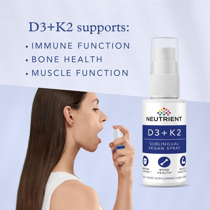 Neutrient™ Vitamin D3 + K2 Oral Spray 2000iu, Vitamin D3 75mcg Vitamin K2 (MK7) High Strength, Bone Health, Immune Support & Muscle Functioning Vegan Oral Spray