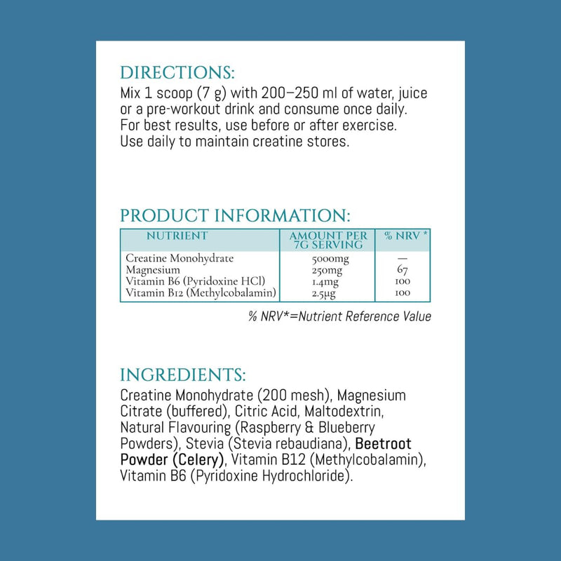 Micronised Creatine Plus Magnesium and Vitamin B6 & B12 Formula | Clean, Vegan-Friendly Naturally Flavoured Raspberry-Blueberry Taste | Energy, Strength, Recovery & Performance Support