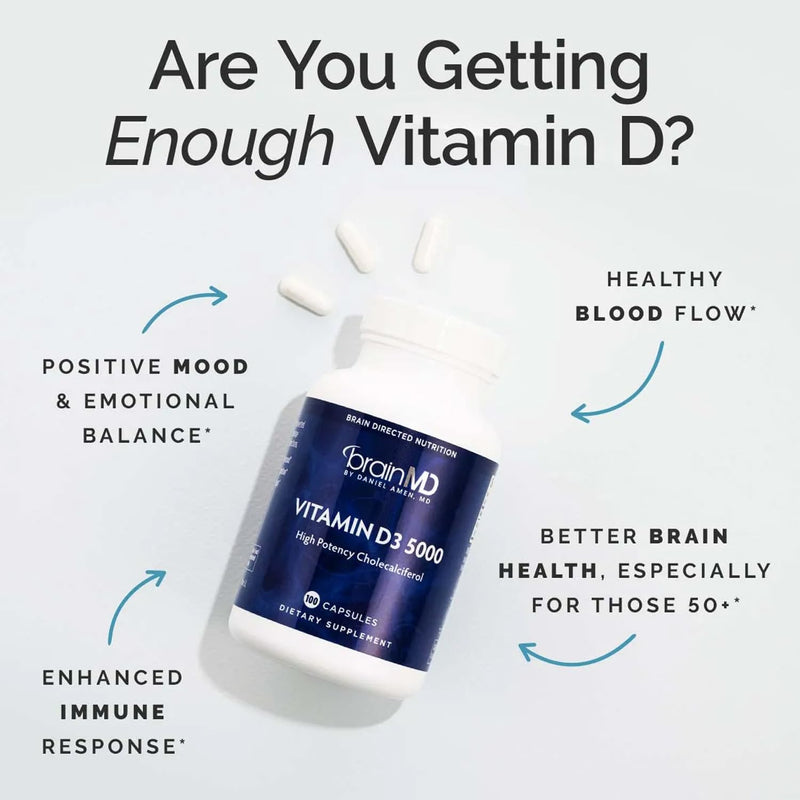 BrainMD Vitamin D3 5000 Cholecalciferol Softgels, 100 Count | High potency dietary supplement with gluten free formula, once daily servings and bone support for everyday wellness