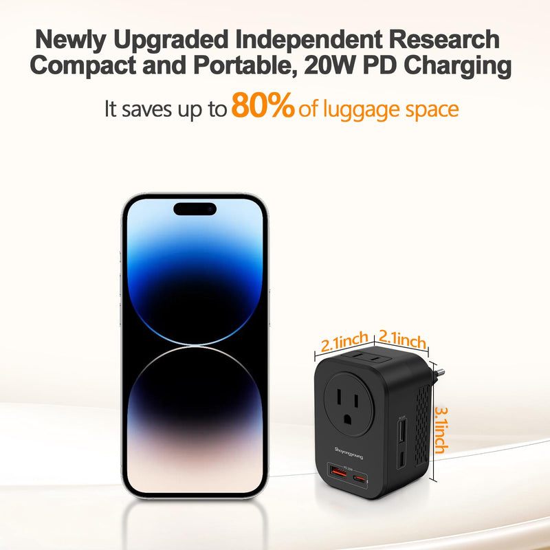 220V to 110V Voltage Converter US to Europe, Travel Adapter with PD 20W USB-C, 2 USB-A Ports, 2 US Outlets, Power Converter Plug for Spain Italy France Germany, Black-M