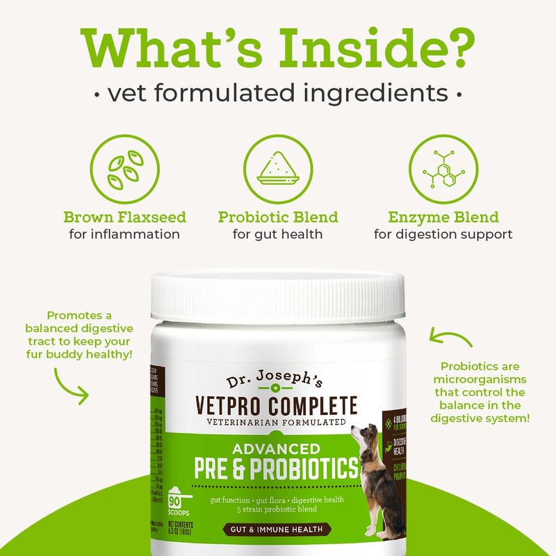 Dr. Joseph's VetPro Complete Advanced Powdered Pre & Probiotics for Dogs, 90 Scoops, Supports Gut Health, Diarrhea, Digestive Health & Seasonal Allergies, Chicken/Pumpkin Flavor, Add to Food - PawsPlanet Australia