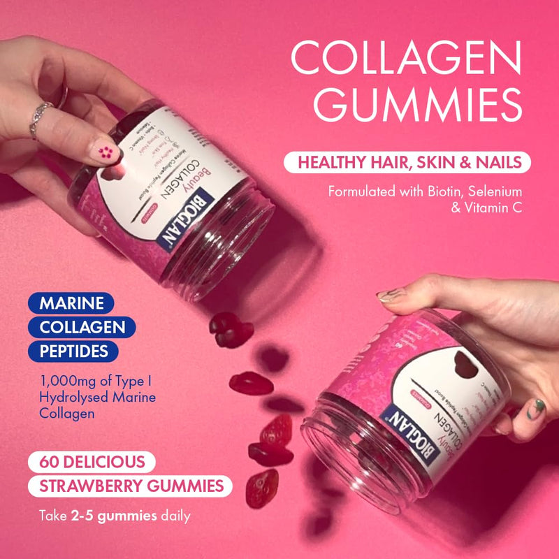 Bioglan Collagen Gummies | 1000mg | Hydrolysed Marine Collagen | Biotin | Selenium & Vitamin C | Strawberry Flavoured | 60 Gummies Single