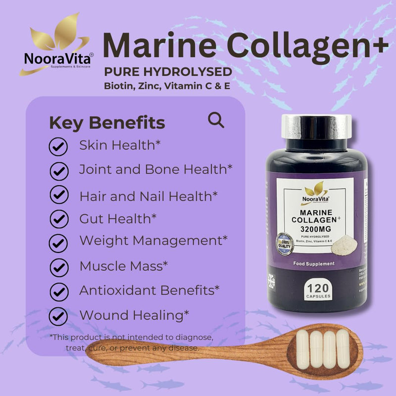 Marine Collagen Plus 3200MG. 120 Capsules – a Premium Blend of Pure Hydrolysed Marine Collagen, Fortified with Biotin, Zinc, Vitamin C & E. Gluten Free, GMO Free and Halal.