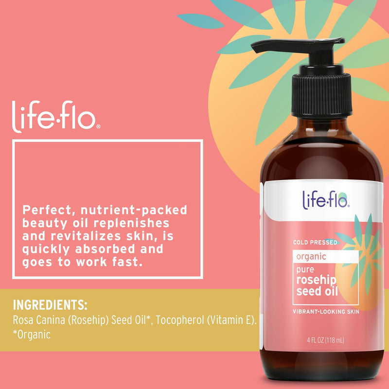 LIFE-FLO Pure Organic Rosehip Seed Oil, Hydrating Face Oil, Dry Skin Care, Cold Pressed from Organic Rose Hips, Rich in Fatty Acids and Vitamin A (Retinol), Hypoallergenic, 60-Day Guarantee, 4oz Unscented 4 Fl Oz (Pack of 1)