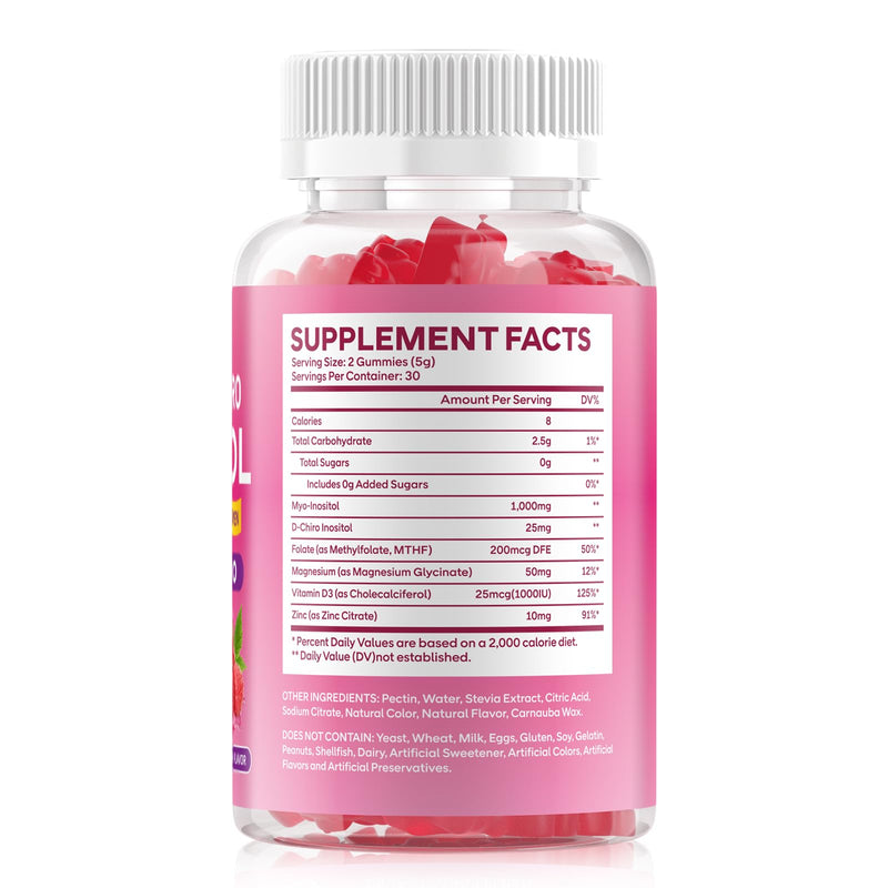 Myo-Inositol & D-Chiro Inositol Gummies for Women, 60 Count | 1000mg+25mg 40:1 Ratio, with Vitamin D3, Magnesium Glycinate, Folate & Zinc, Vegan, Sugar Free, Non-GMO, Raspberry Flavor 60 Count (Pack of 1)