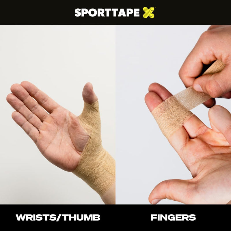 24 Rolls - SPORTTAPE Cohesive Finger Tape - 2.5cm x 4.5m | Compression Bandage - Beige - Self-Adhesive Wrap | Vetwrap, Thumb, Toe, Goalkeeper Finger & Wrist Tape - First Aid & Medical Physio Bandage 2.5cm x 4.5m - 24 Rolls