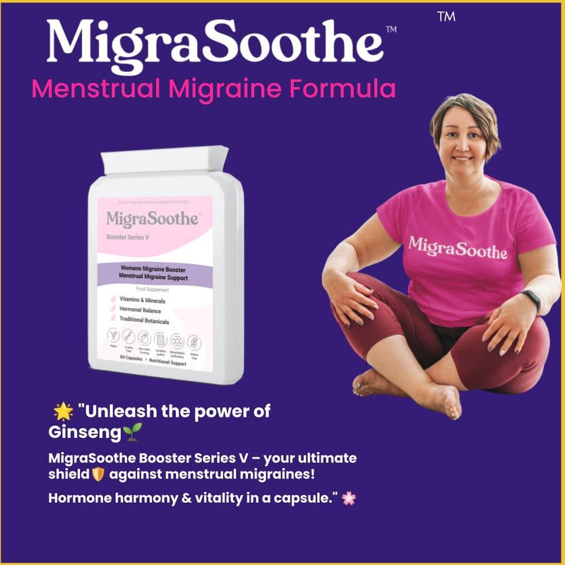 Booster Series V - Advanced Menstrual Migraine Support Formula with Essential Vitamins, Minerals & Botanicals - Promotes Hormonal Balance & Wellness Vegan Friendly, UK Made, 60 Caps