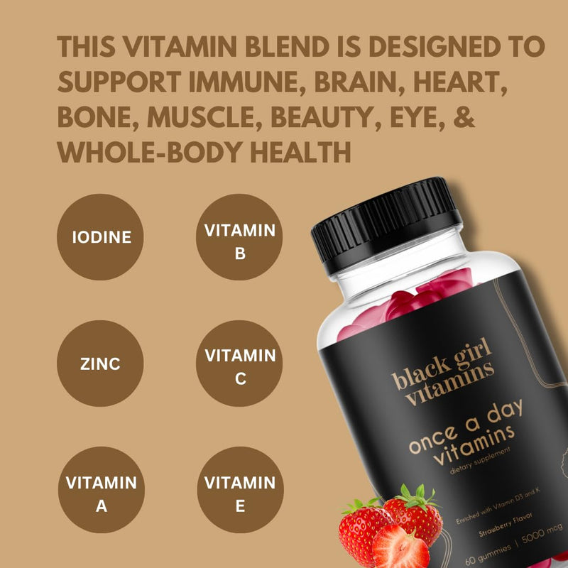 [Australia] - Black Girl Vitamins Once a Day - Womens Multivitamin Gummy - Vitamin A, B, C, E and Zinc. Multivitamin for Women, Immune Support. Vegan, Gluten-Free. Made in The USA (30 Day Supply, Strawberry) 60 Count (Pack of 1) 