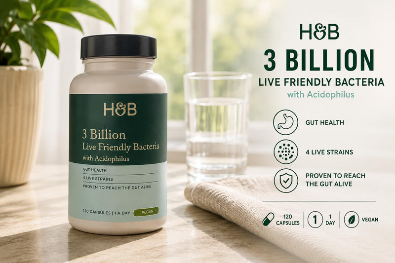 Holland & Barrett 3 Billion Live Friendly Bacteria with Acidophilus – Gut Health Probiotic Supplement, 4 Live Strains, Proven to Reach the Gut Alive, Vegan, 120 Capsules, 1 A Day