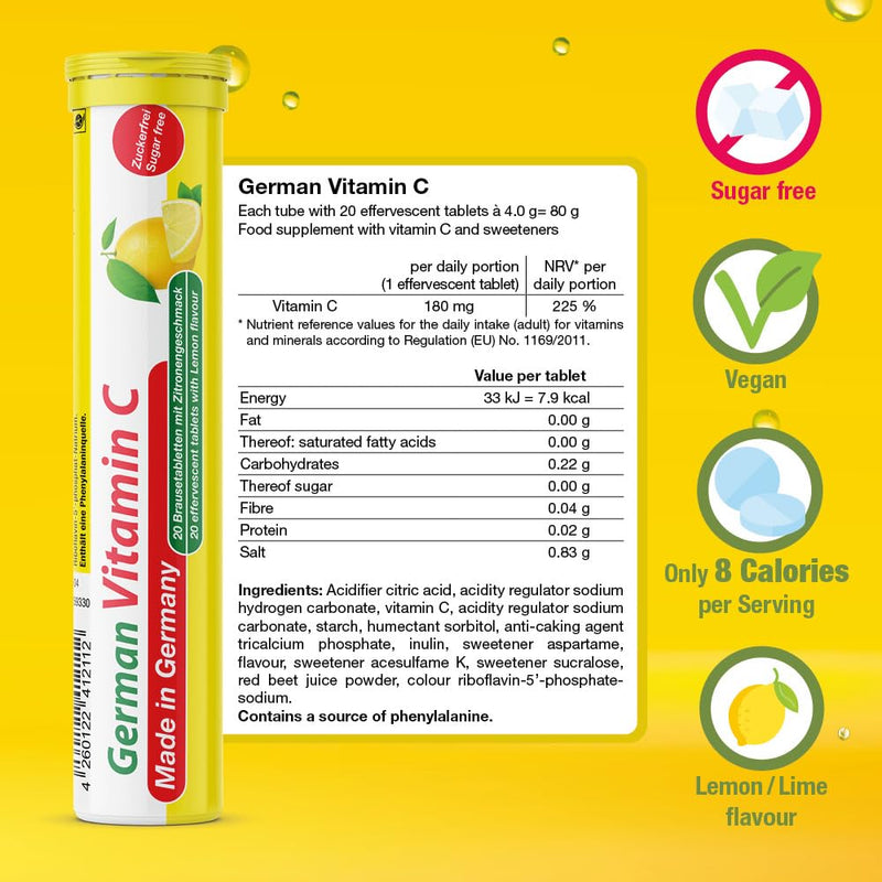 Vitamin C 180 mg - 5 x 20 effervescent Tablets - Lemon Flavor - T&D Pharma German Vitamin C - Made in Germany vitamin C 180 mg 5 count (Pack of 20)