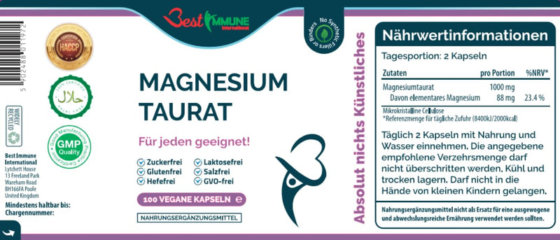 [Australia] - Natural magnesium taurate 500mg premium quality ideal strength 100 vegan capsules highest bioavailability 