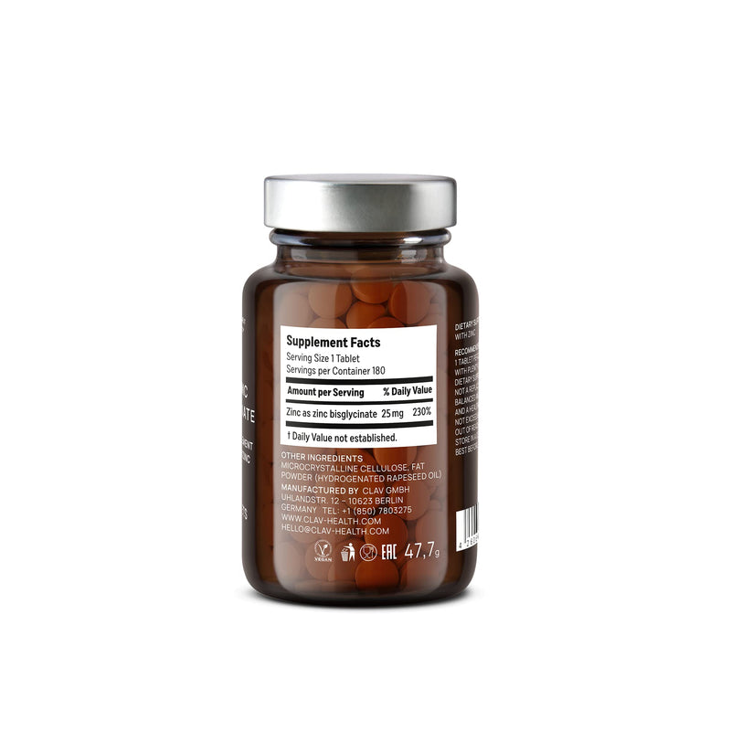 Zinc 25mg Vegan Certified - 180 Elemental Zinc Tablets in a Jar (6 Months Supply) - High Strength Zinc Bisglycinate Mineral Supplement - Supports Immune System, Hair, Skin & Nails for Women & Men
