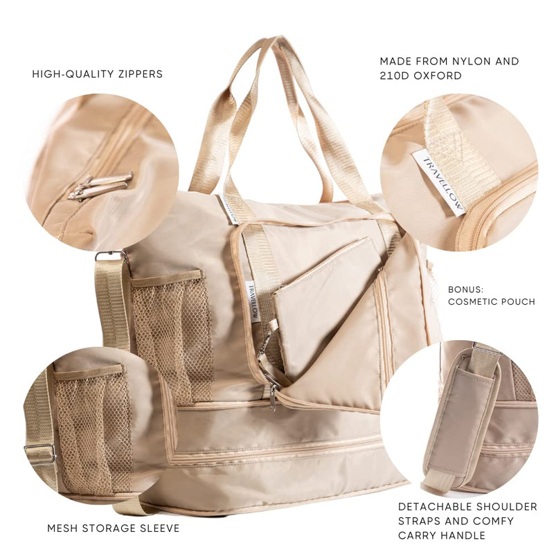 Large Travel Bag - Foldable & Expandable Carry-On Bag with Shoe Compartment, Water Bottle Pocket, Luggage Sleeve, Cosmetic Case Beige