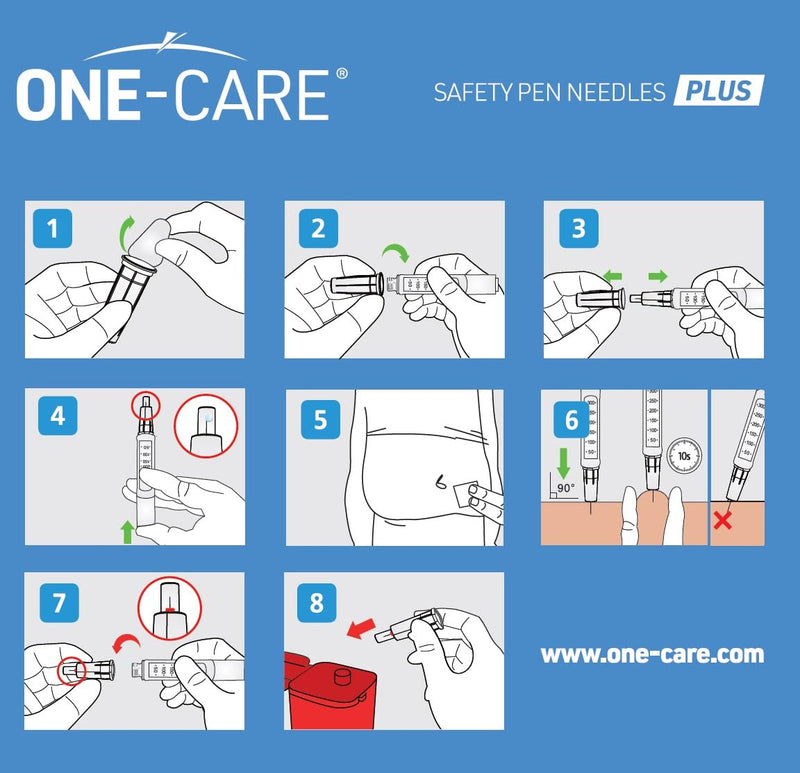 [Australia] - ONE-CARE Plus Safety Pen Tips 30G x 5mm, Comfort, Universal Design, Box of 100 