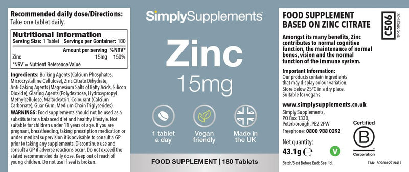 Zinc 15mg Tablets | Contributes to Normal Fertility, Hair, and Immune System Function | Potent One-a-Day Formula | 360 Tablets = 12 Months' Supply | Manufactured in The UK to GMP Standards Unflavoured 180 count (Pack of 2)