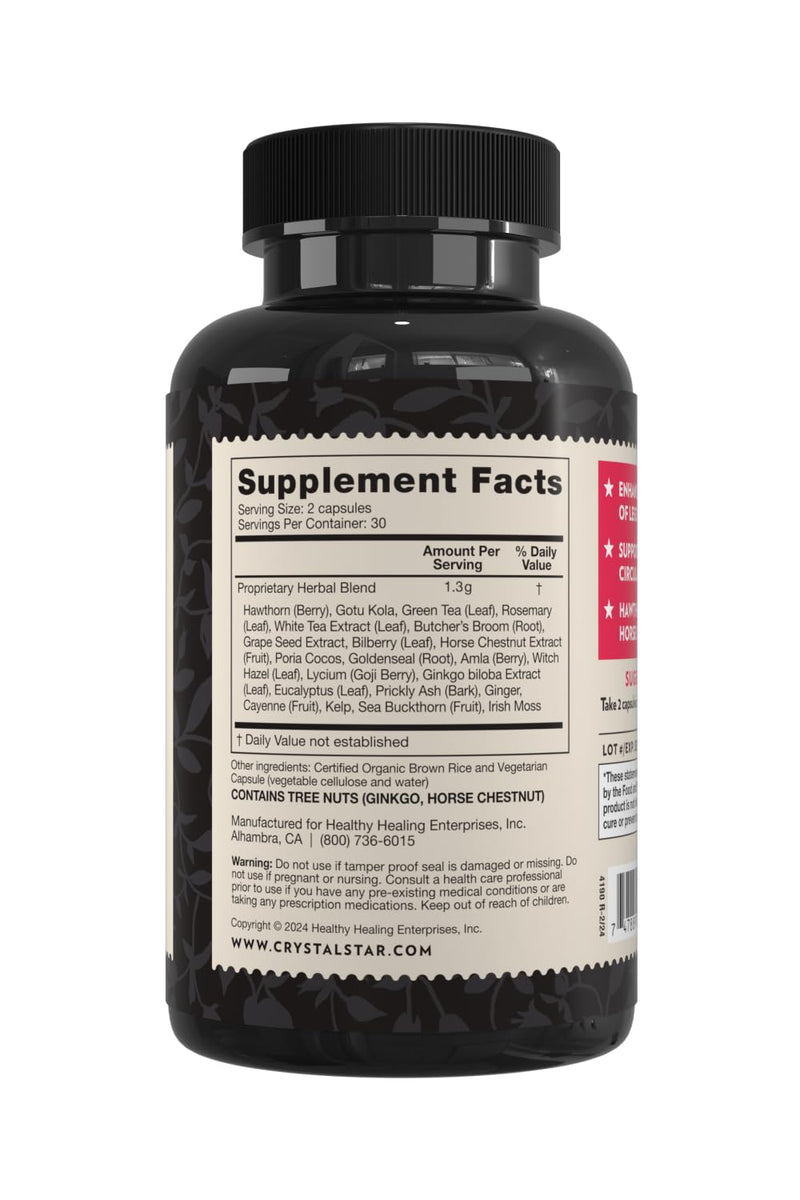 Crystal Star Vari-Vein (60 Capsules) - Herbal Circulation Support Supplement for Varicose Veins & Spider Veins Treatment - Witch Hazel, Butcher’s Broom, Hawthorn & Horse Chestnut- Non-GMO