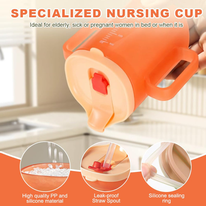 2 Pcs Elderly Spill Proof Cups, 300ml Sippy Cup for Adults, Beakers for Elderly with 2 Handles, Adult Feeding Cup Drinking Cup with Lid and Straw, Adult Sippy Cups for The Elderly Non Spill Orange