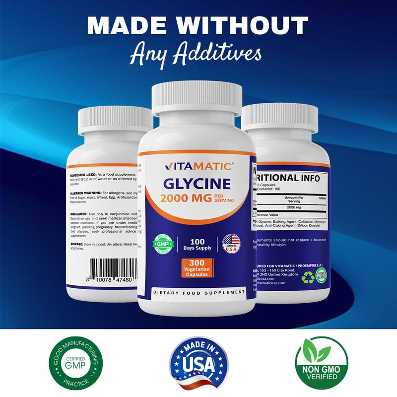 Vitamatic Glycine Supplement, 2000mg Per Serving, 300 Count, Non-GMO, Gluten Free